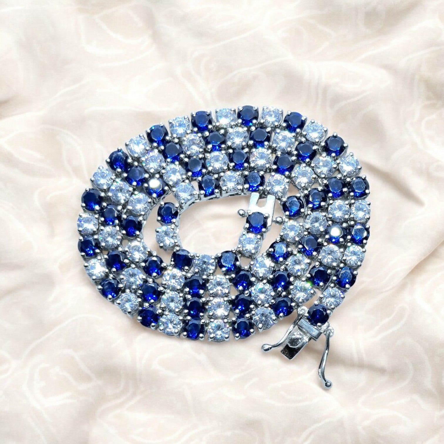 Blue Sapphire & Moissanite Tennis Necklace 4mm Round 925 Sterling Silver Necklace