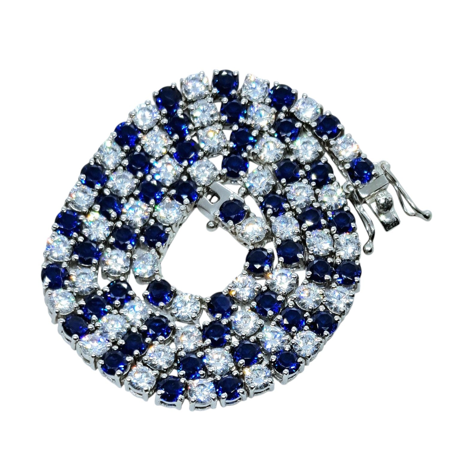 Blue Sapphire & Moissanite Tennis Necklace 4mm Round 925 Sterling Silver Necklace