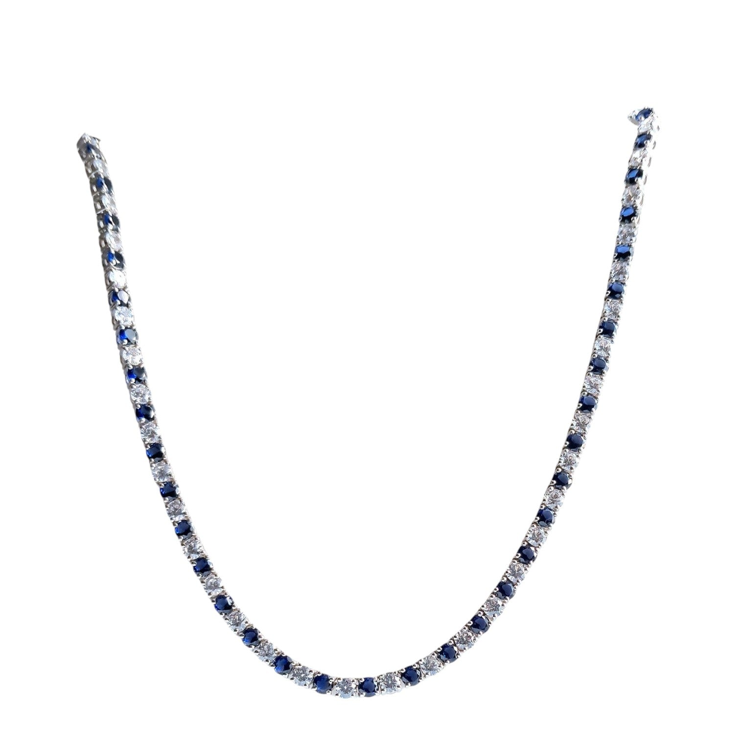 Blue Sapphire & Moissanite Tennis Necklace 4mm Round 925 Sterling Silver Necklace