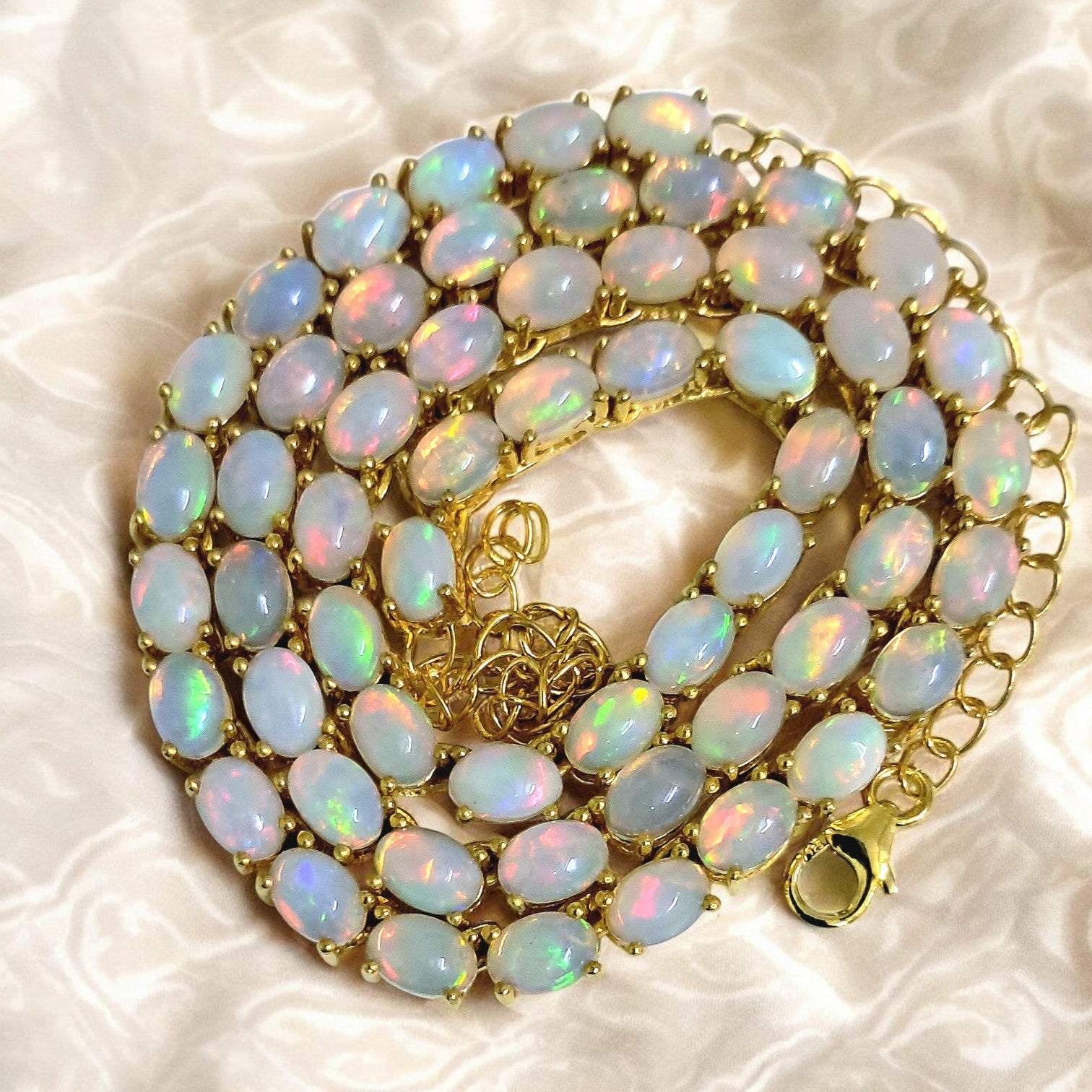 Natural Ethiopian Opal Tennis Necklace Oval 6x4mm Gemstones Sterling Silver Necklace