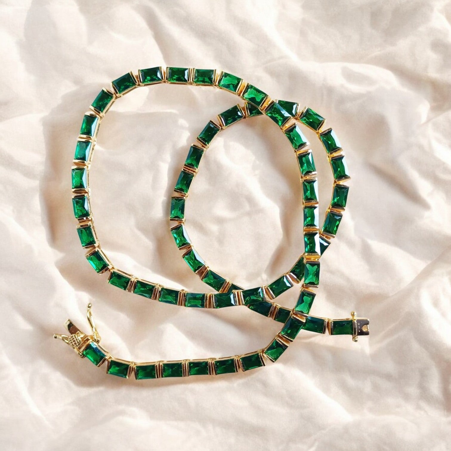 Emerald Cut Baguette Tennis Necklace Lab-Created Emerald 925 Sterling Silver 6x4mm Green Gemstone Necklace