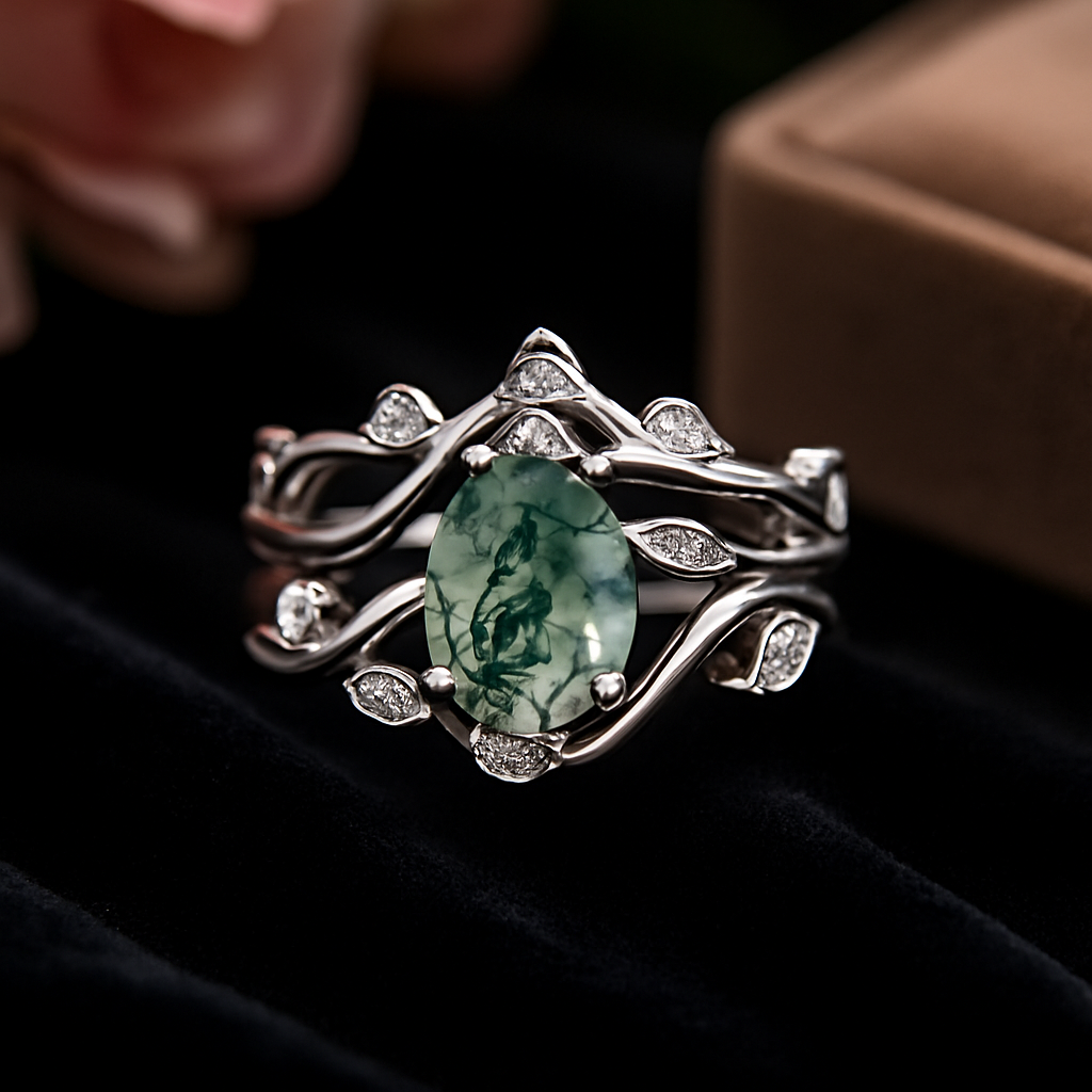 Teardrop Moss Agate Engagement Ring Set | Vintage 925 Sterling Silver Bridal Set | Custom Promise Ring with Moissanite Accent