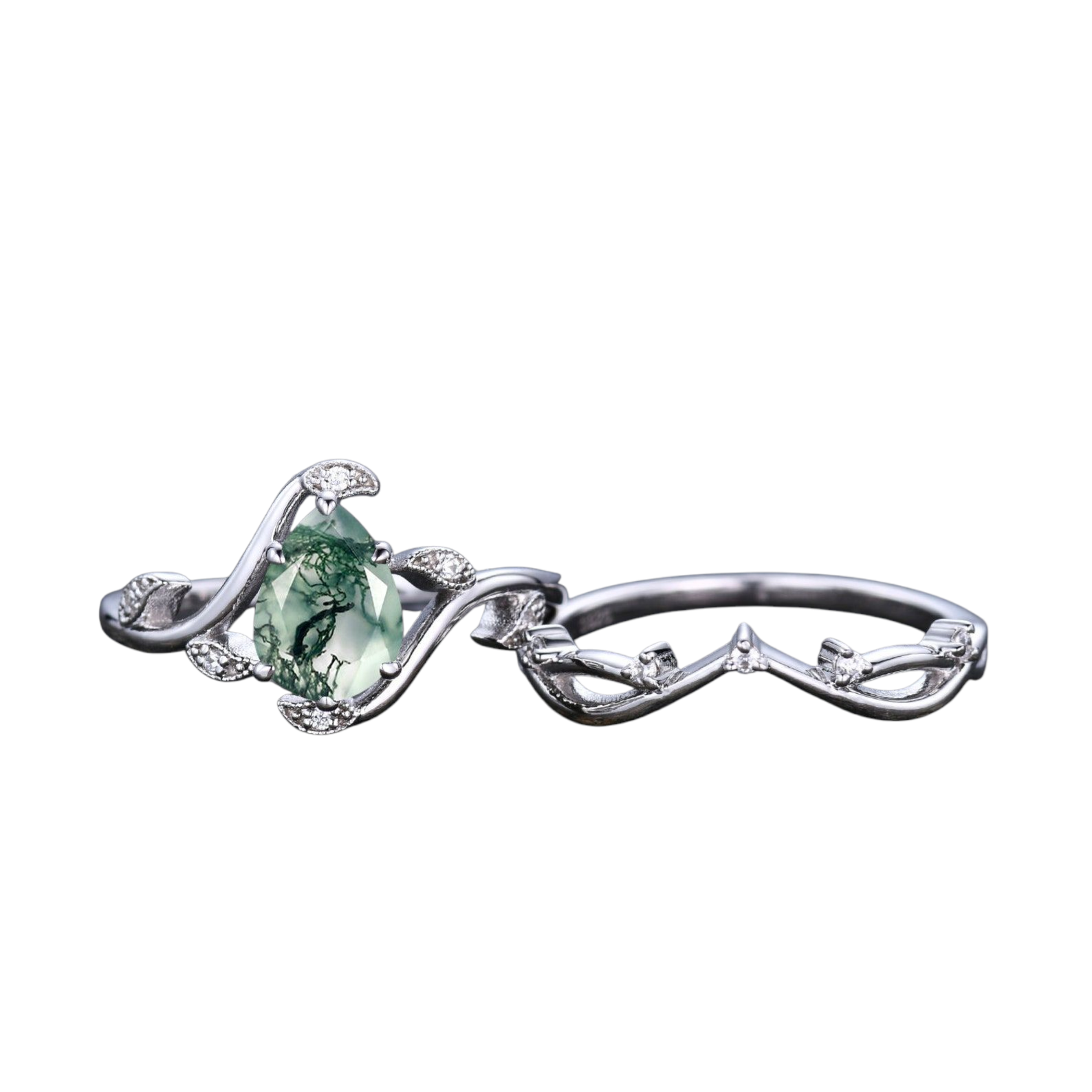 Teardrop Moss Agate Engagement Ring Set | Vintage 925 Sterling Silver Bridal Set | Custom Promise Ring with Moissanite Accent