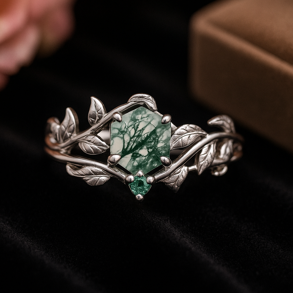 Hexagon Moss Agate Engagement Ring Set | Vintage Twig Vine Design | 925 Sterling Silver Ring