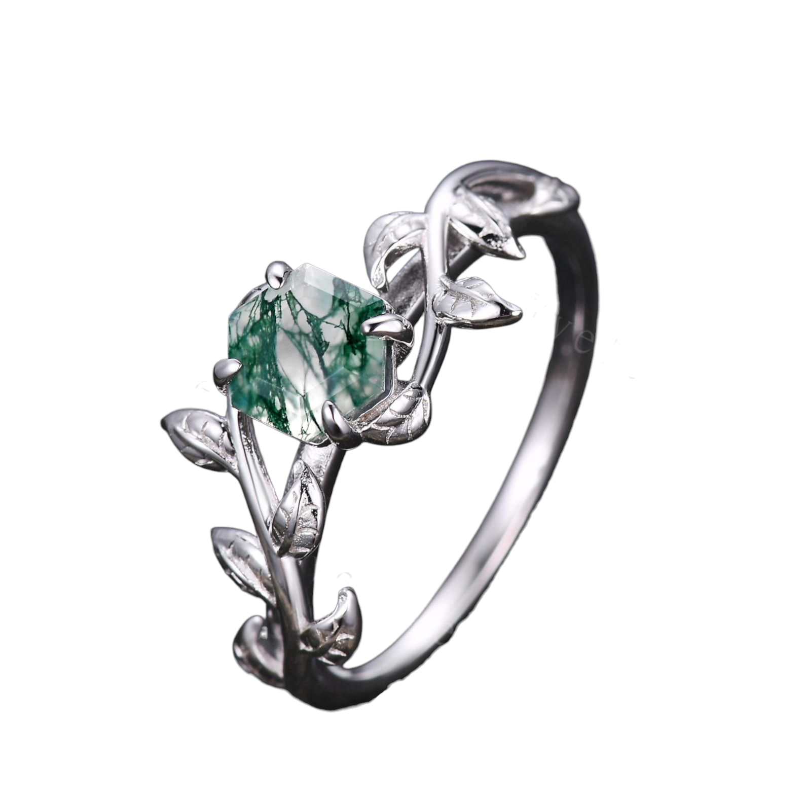 Hexagon Moss Agate Engagement Ring Set | Vintage Twig Vine Design | 925 Sterling Silver Ring