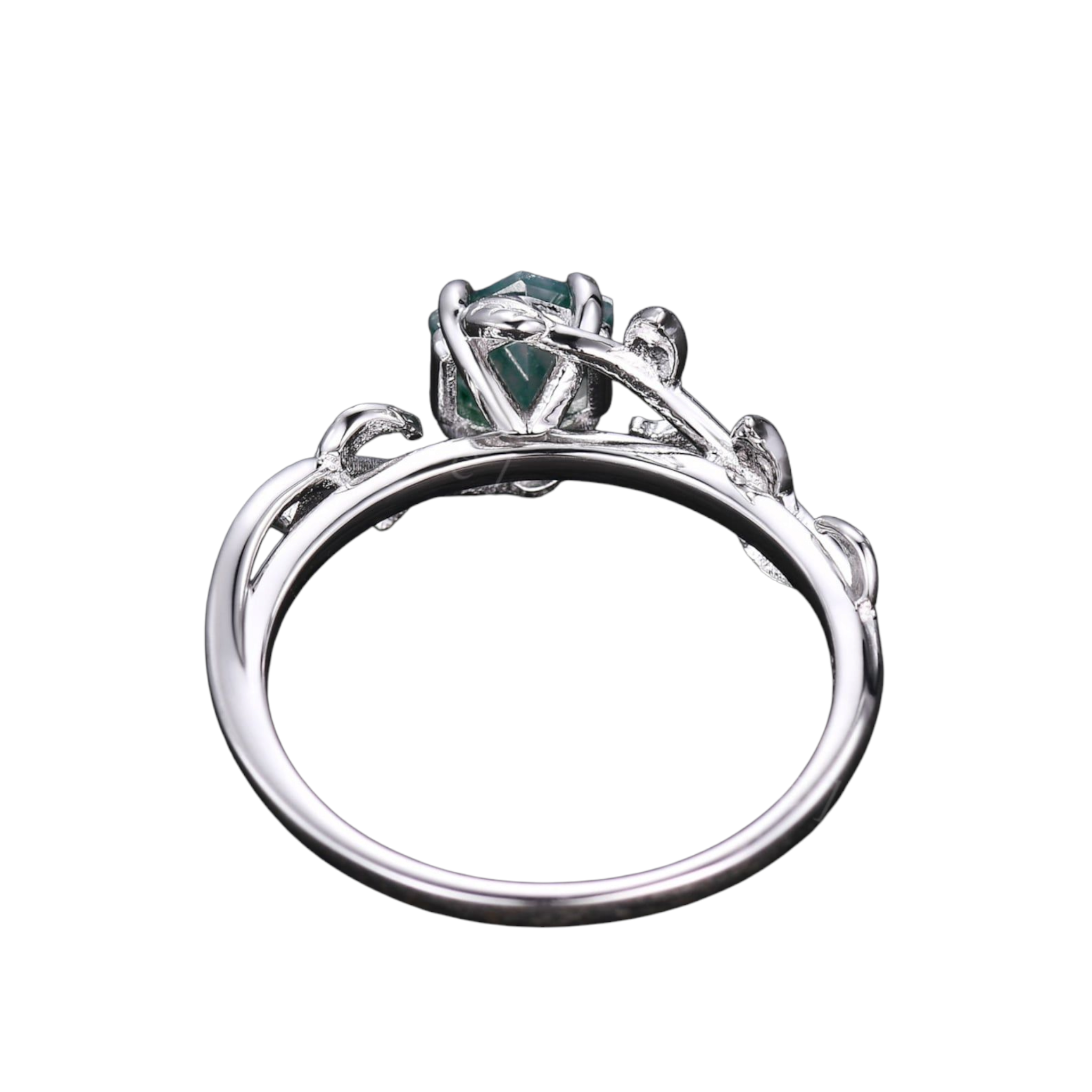 Hexagon Moss Agate Engagement Ring Set | Vintage Twig Vine Design | 925 Sterling Silver Ring