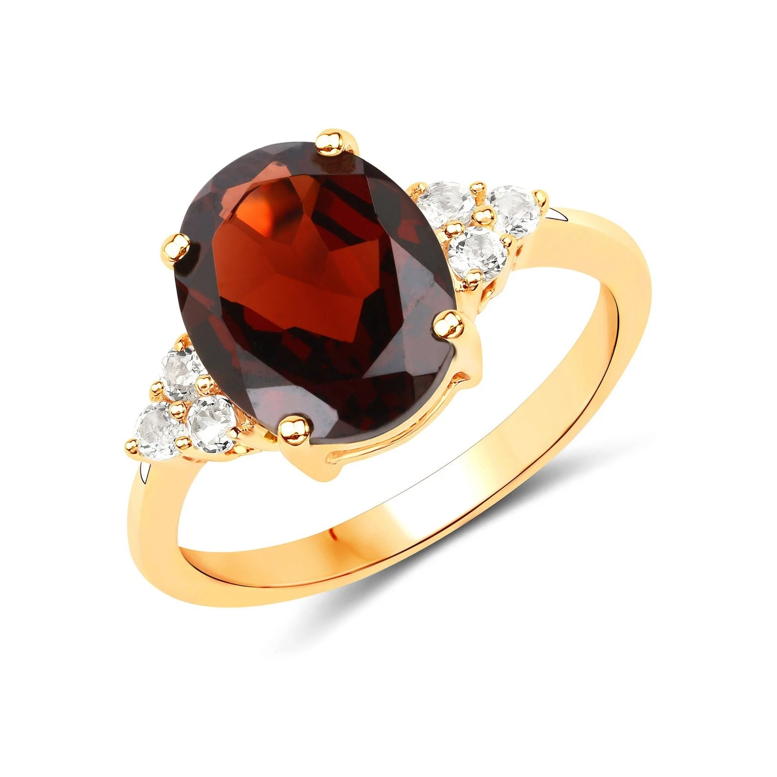 Genuine Garnet and White Topaz Ring for Women | 14K Yellow Gold Plated Sterling Silver | Oval Red Garnet Cocktail Ring