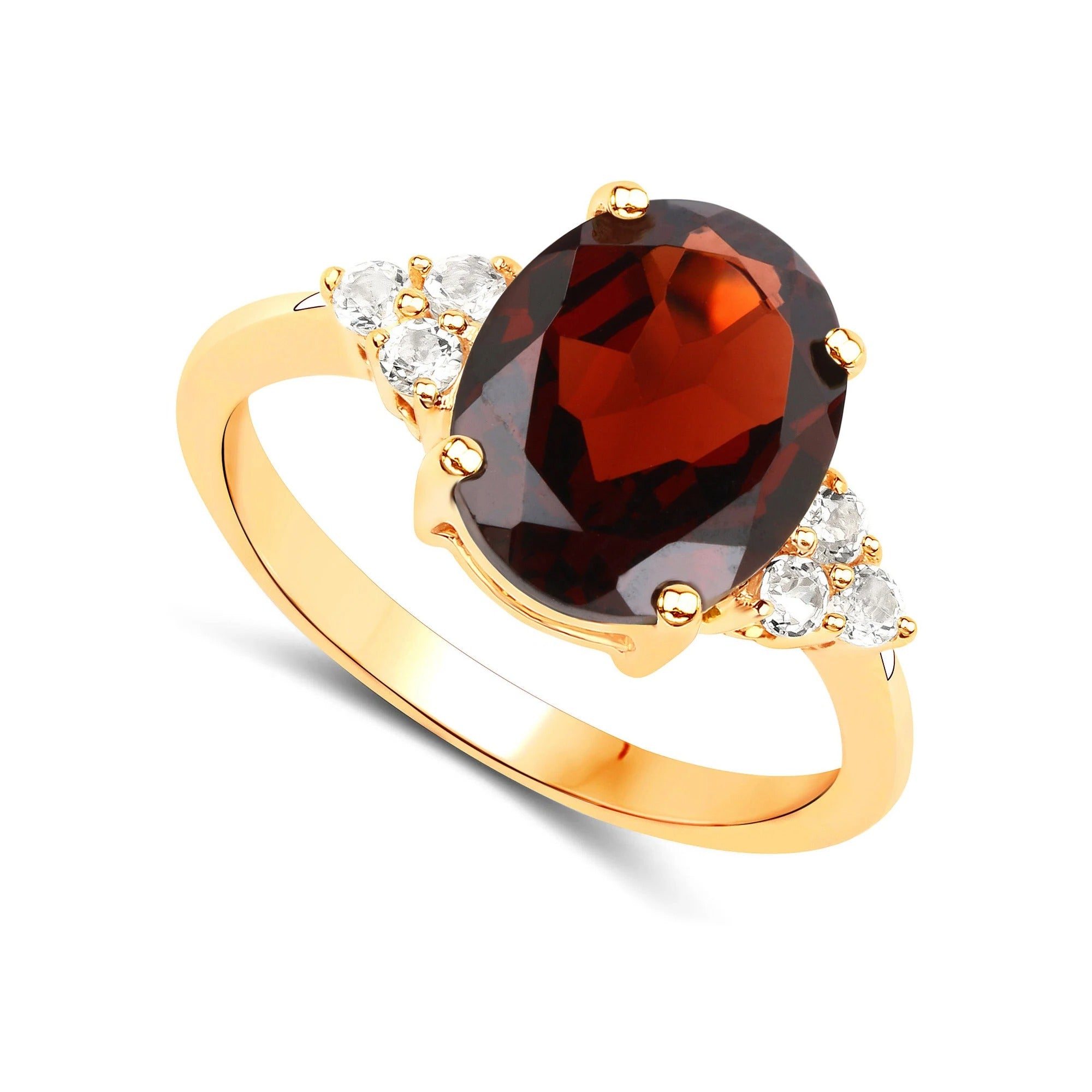 Genuine Garnet and White Topaz Ring for Women | 14K Yellow Gold Plated Sterling Silver | Oval Red Garnet Cocktail Ring