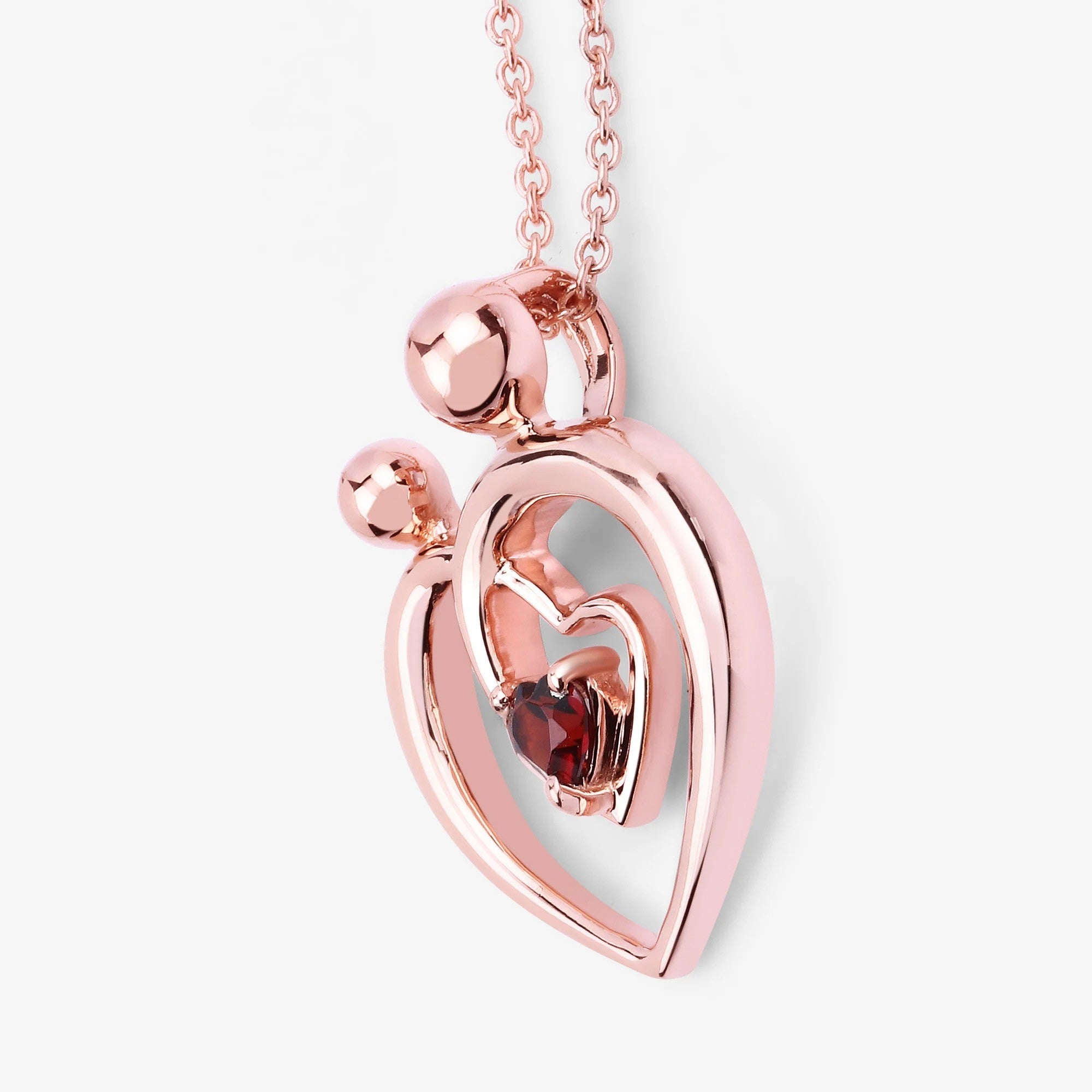 Mom and Child Heart Pendant Necklace – Genuine Garnet in 14K Rose Gold Plated Sterling Silver