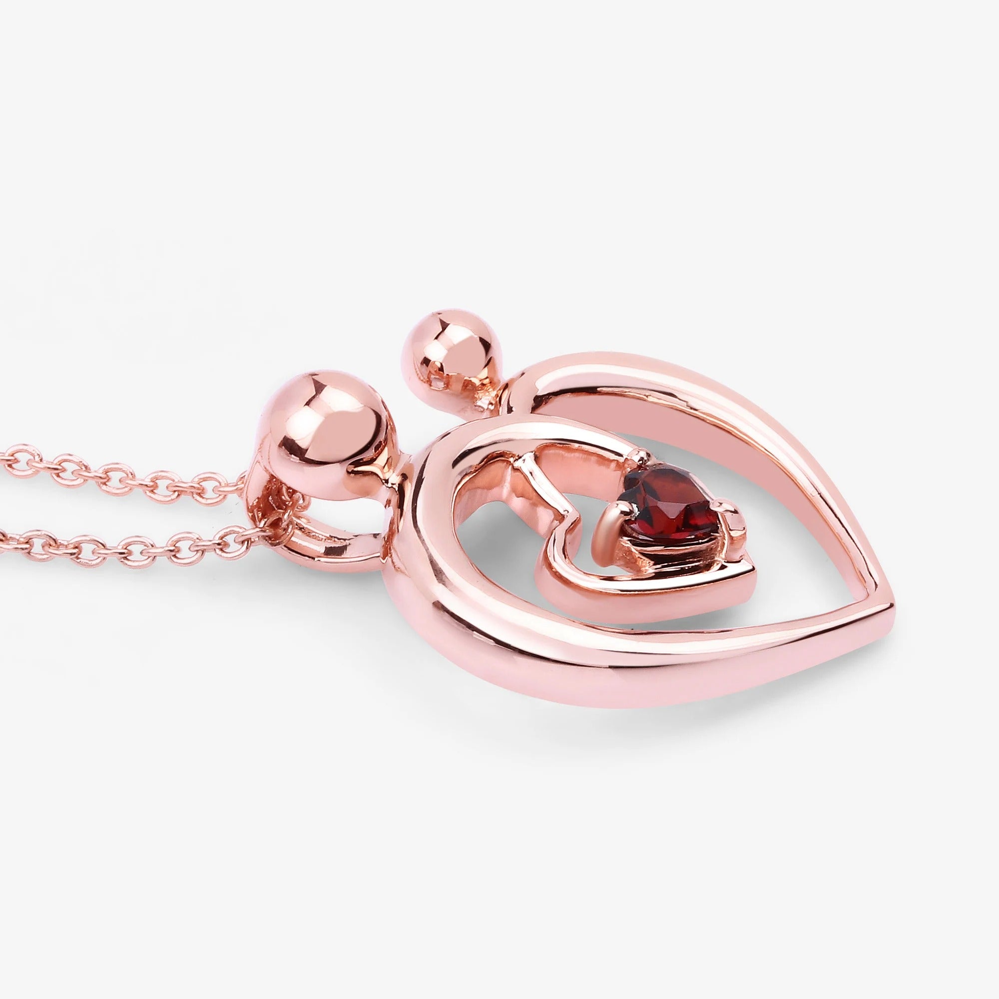 Mom and Child Heart Pendant Necklace – Genuine Garnet in 14K Rose Gold Plated Sterling Silver