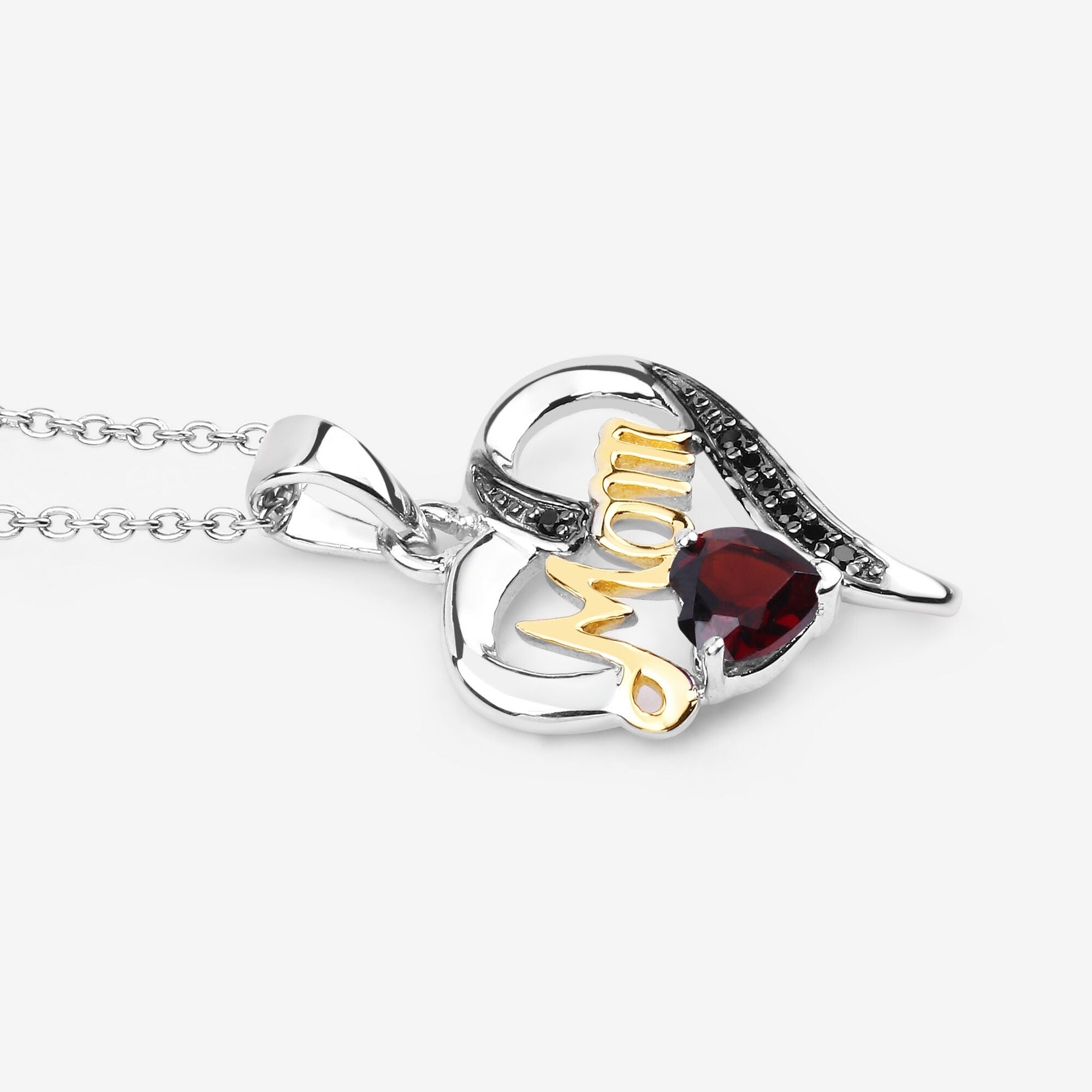 Mom Heart Pendant Necklace – Genuine Garnet & Black Spinel in Two-Tone Sterling Silver Pendant Necklace