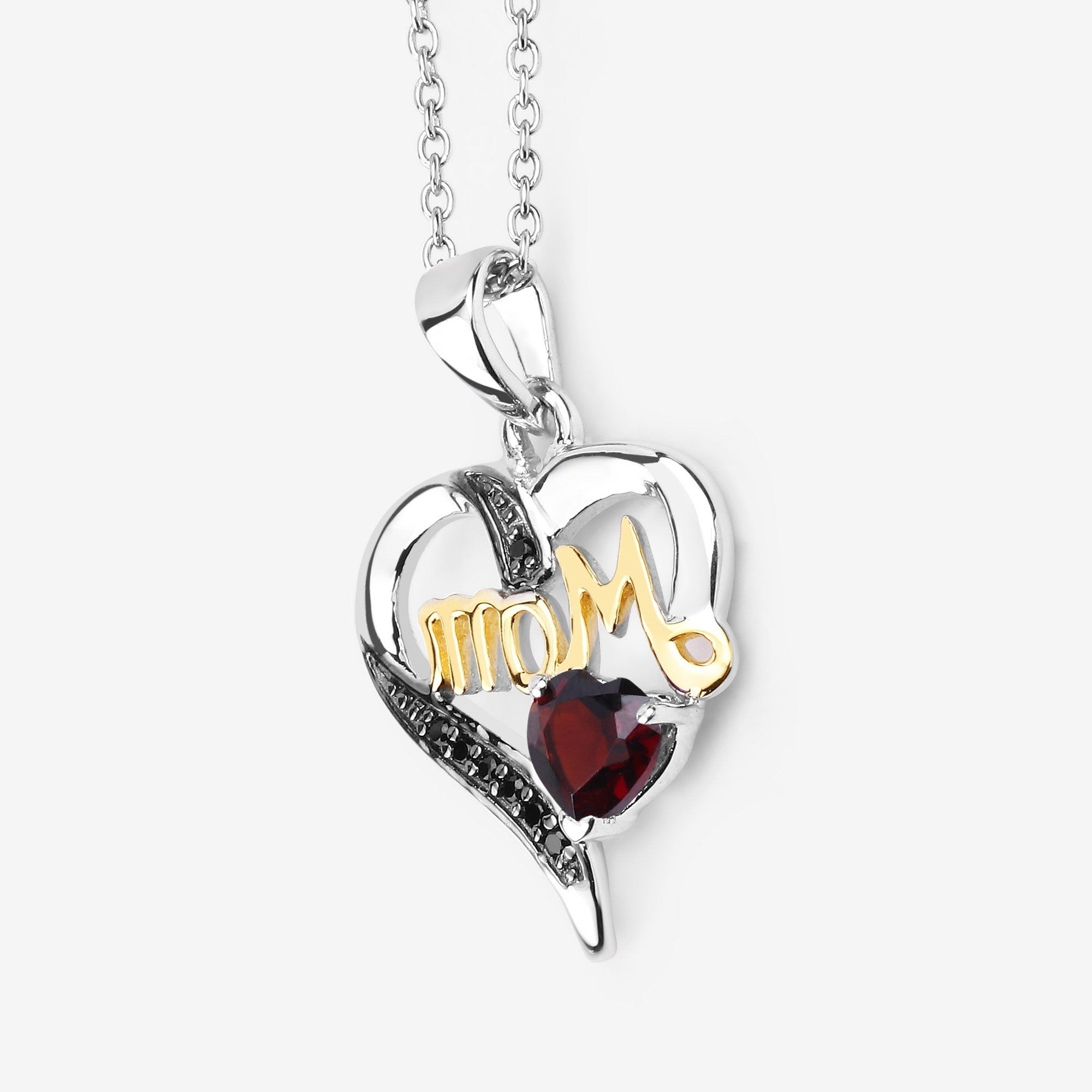 Mom Heart Pendant Necklace – Genuine Garnet & Black Spinel in Two-Tone Sterling Silver Pendant Necklace