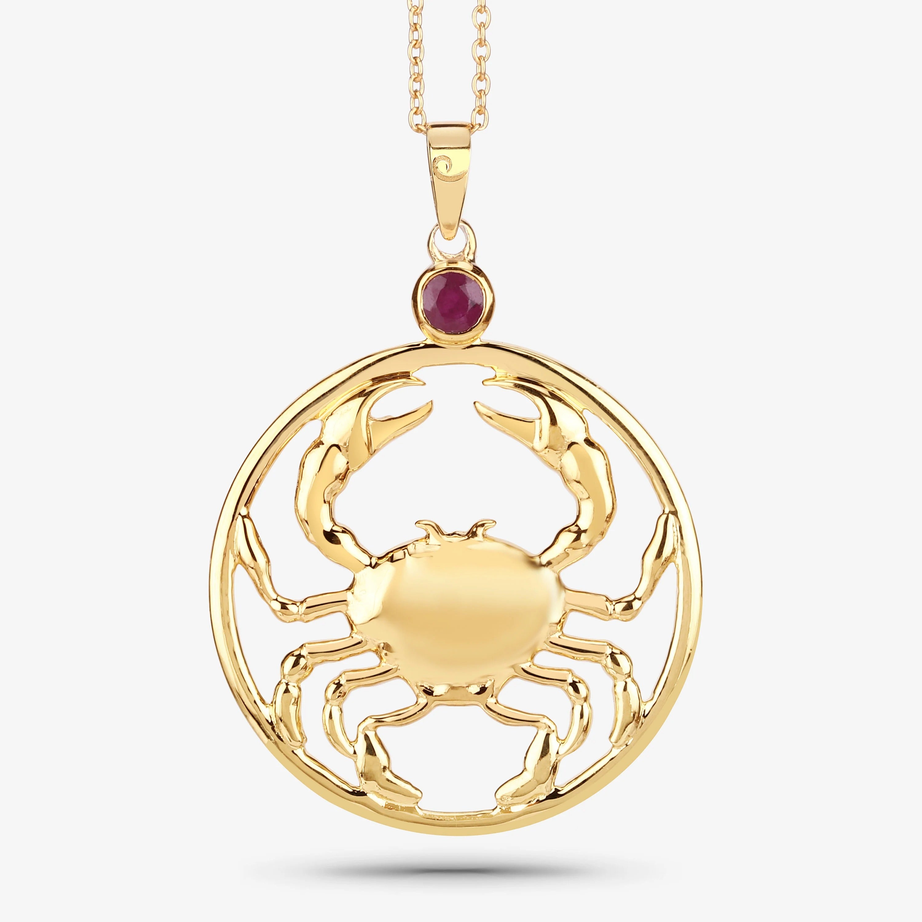 Cancer Zodiac Crab Pendant Necklace – Genuine Ruby in 14K Yellow Gold Plated Sterling Silver | Astrology Gift for Her