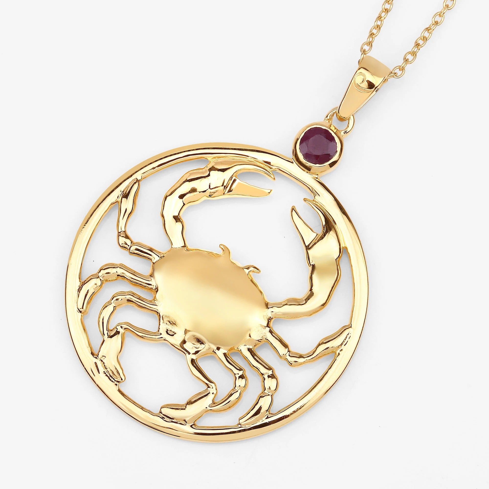Cancer Zodiac Crab Pendant Necklace – Genuine Ruby in 14K Yellow Gold Plated Sterling Silver | Astrology Gift for Her
