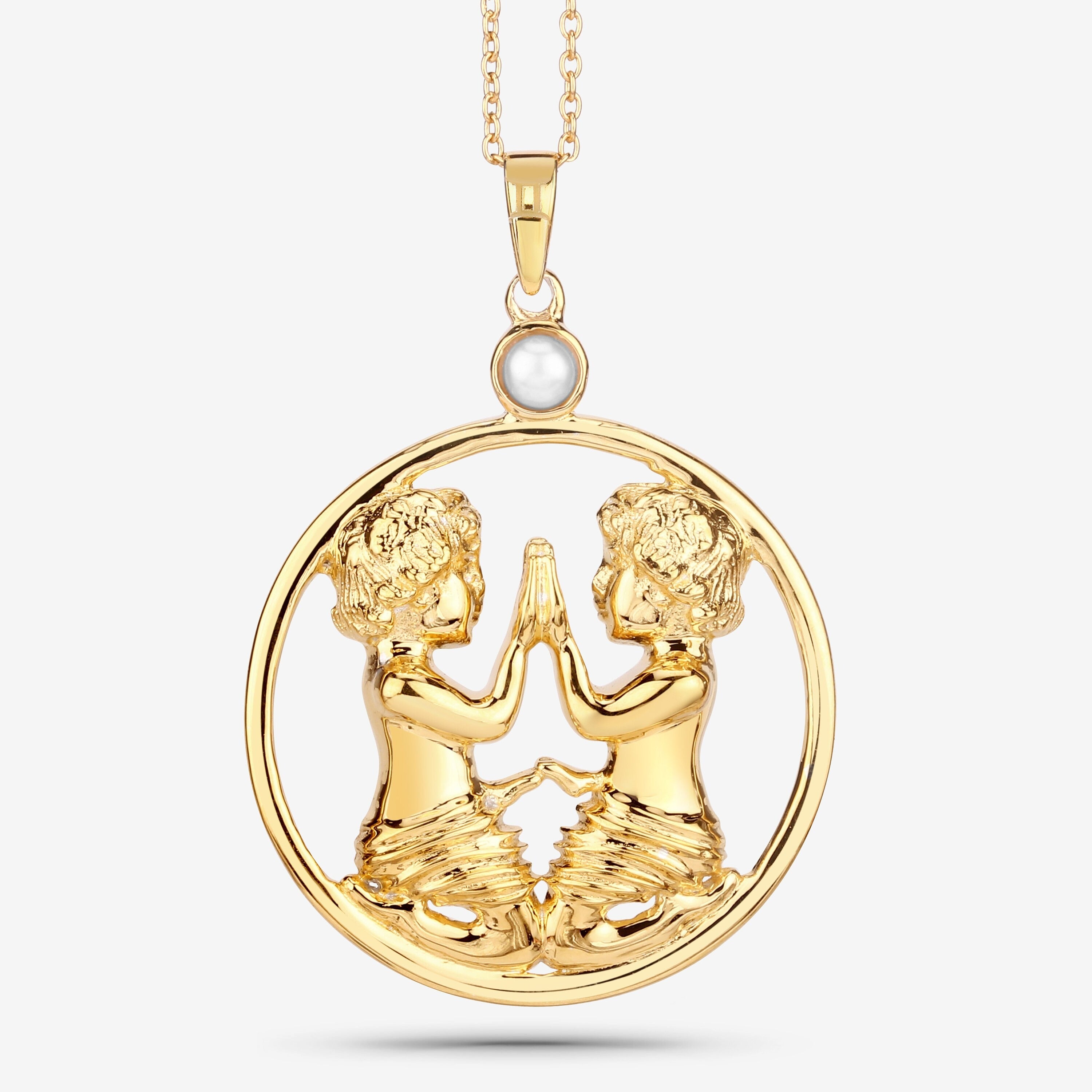 Gemini Zodiac Pendant Necklace – 14K Yellow Gold Plated Sterling Silver with Genuine Pearl | Gemini Twins Astrology Pendant Necklace