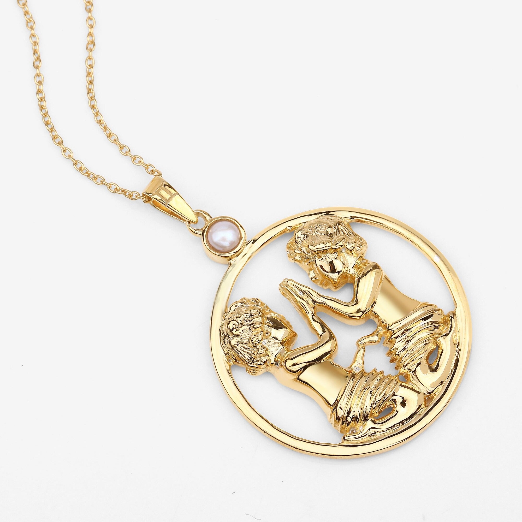 Gemini Zodiac Pendant Necklace – 14K Yellow Gold Plated Sterling Silver with Genuine Pearl | Gemini Twins Astrology Pendant Necklace