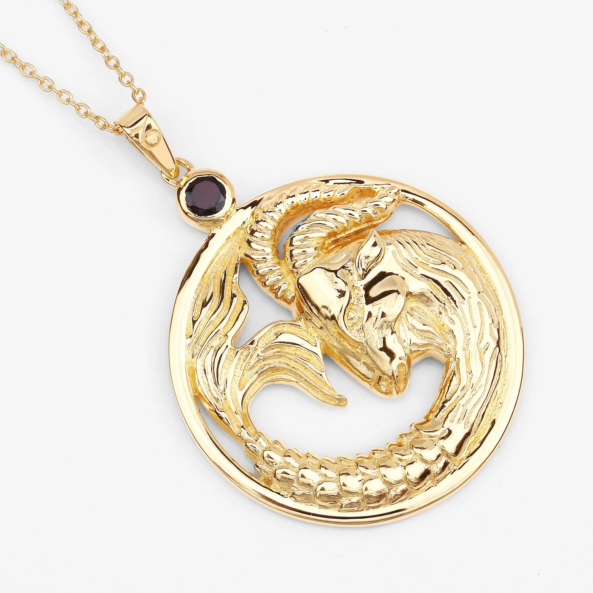 Capricorn Zodiac Pendant Necklace – 14K Yellow Gold Plated Sterling Silver with Genuine Garnet | Capricorn Goat Astrology Pendant Necklace