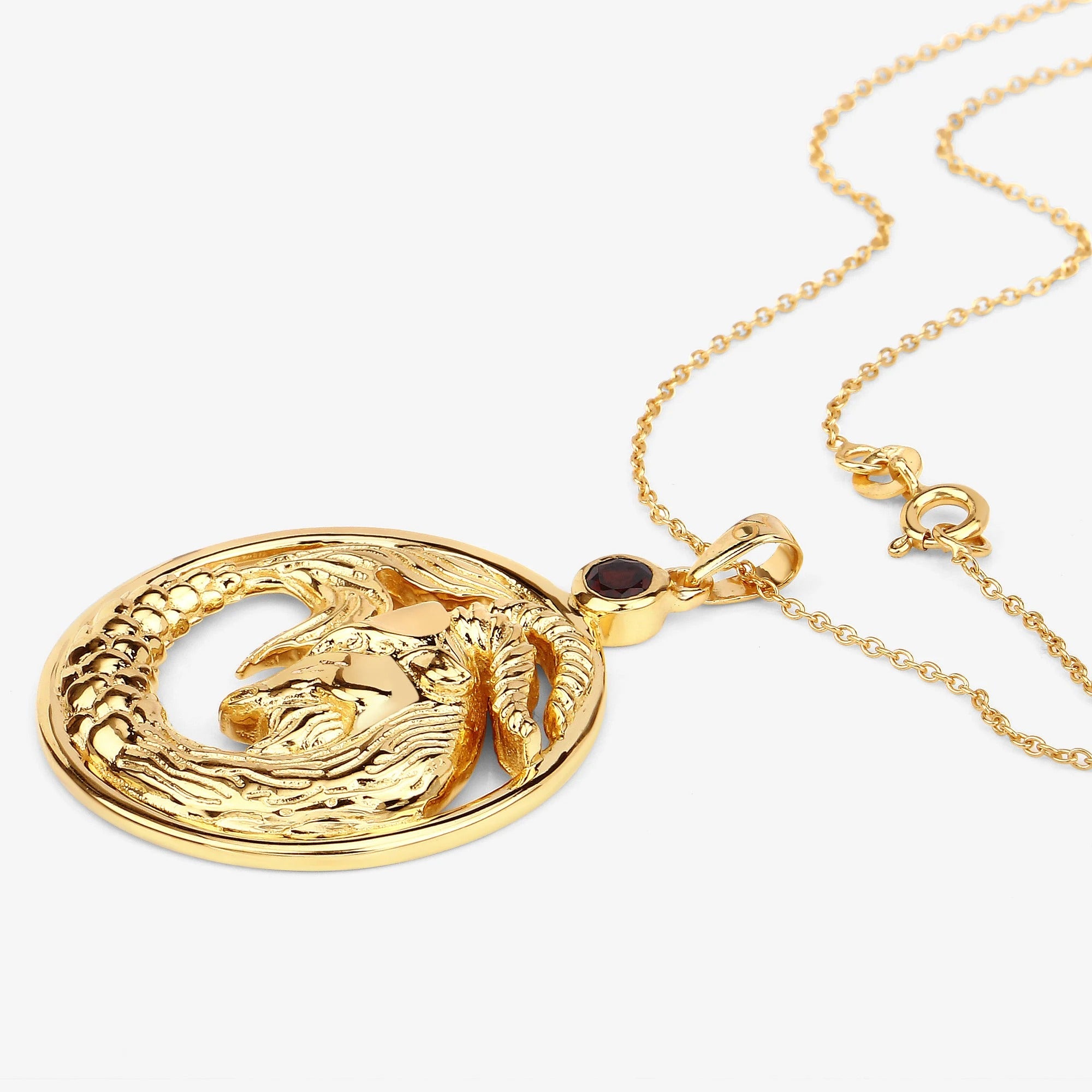 Capricorn Zodiac Pendant Necklace – 14K Yellow Gold Plated Sterling Silver with Genuine Garnet | Capricorn Goat Astrology Pendant Necklace