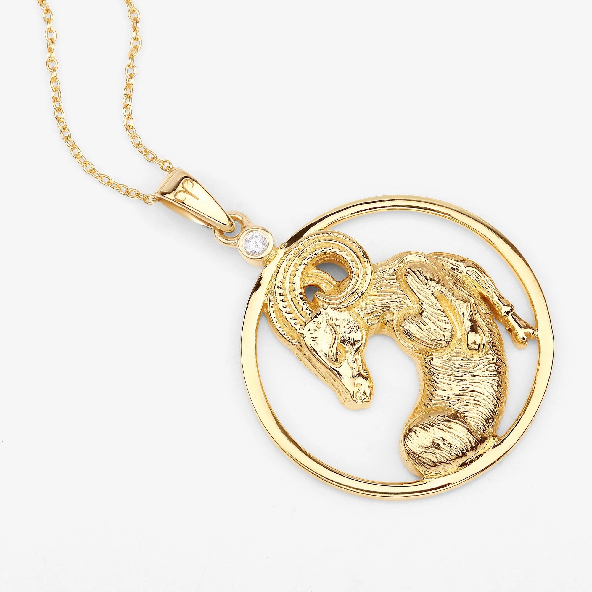 Aries Zodiac Pendant Necklace – 14K Gold Plated Sterling Silver Aries Ram with Moissanite April Birthstone | Bold Astrology Jewelry for Men & Women