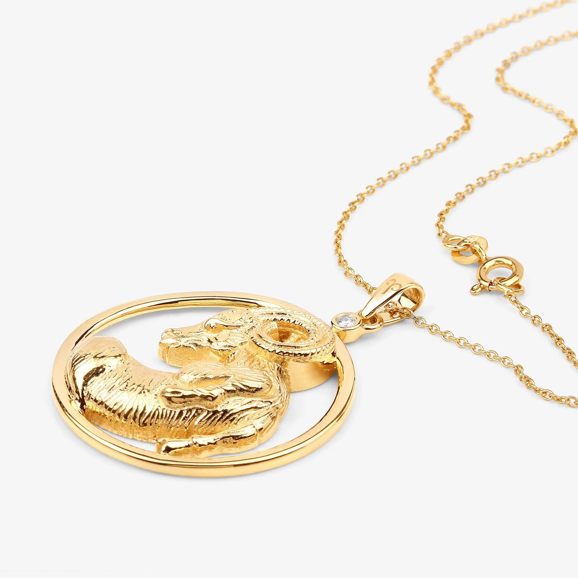 Aries Zodiac Pendant Necklace – 14K Gold Plated Sterling Silver Aries Ram with Moissanite April Birthstone | Bold Astrology Jewelry for Men & Women